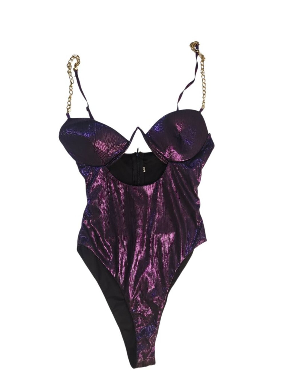 Metallic Purple Bodysuit Size M with Gold Chain Straps Padded Wire Cutout